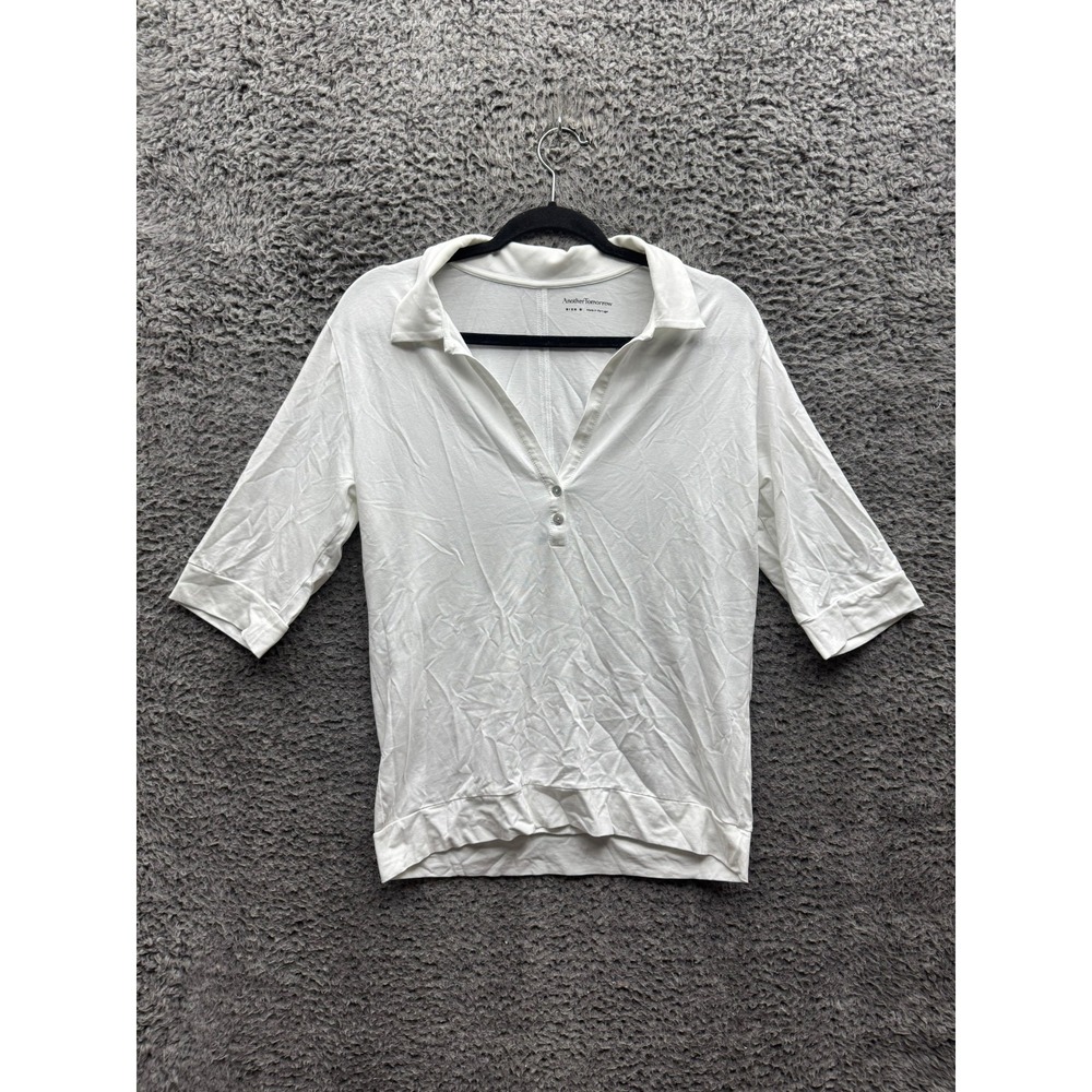 Another Tomorrow Relaxed Fit Knitted V-Neck Polo Shirt White Womens Size S